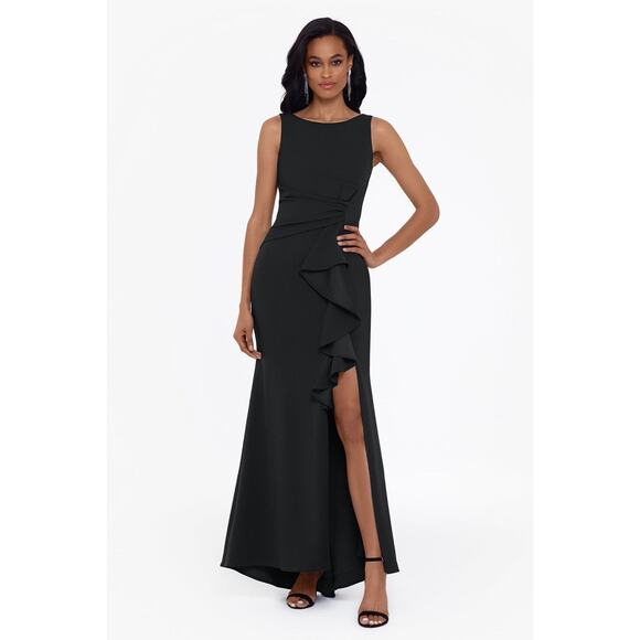 Betsy & Adam "CHRISTINE" SCUBA CREPE RUFFLED BOW GOWN Black NWT 8 - Picture 1 of 7